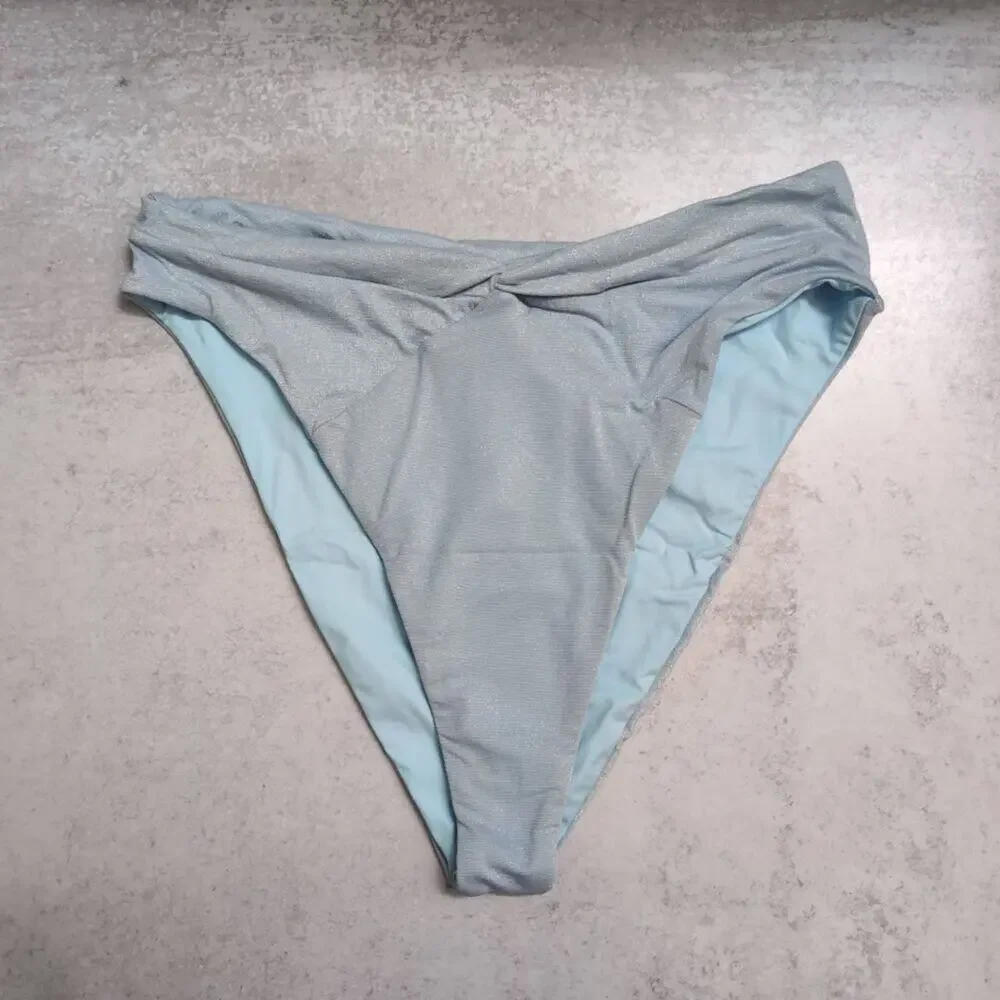 NWT L*Space Shimmer Sky Blue High-Waisted Twist Front Bikini Bottom Size L